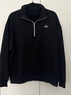 ALO Yoga Men’s Black Half-Zip Sweatshirt with White Logo